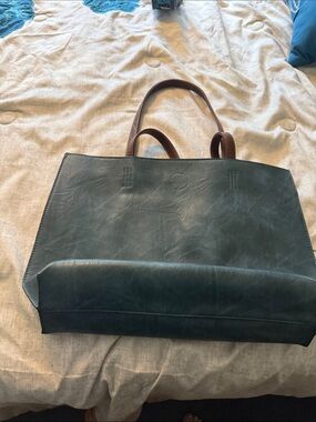 Dark Teal Tote Bag with Brown Handles